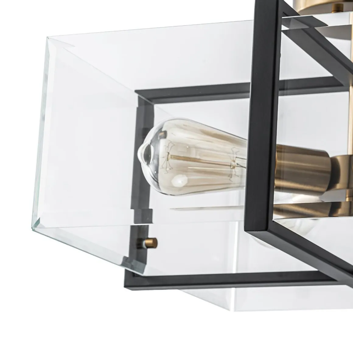 Modern Black Brass Clear Glass Square Cage Semi Flush Mount