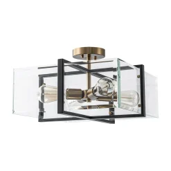 Modern Black Brass Clear Glass Square Cage Semi Flush Mount