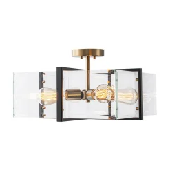 Modern Black Brass Clear Glass Square Cage Semi Flush Mount