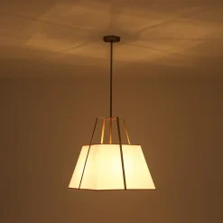 Modern Brass White Fabric Tapered Cage Pendant Light