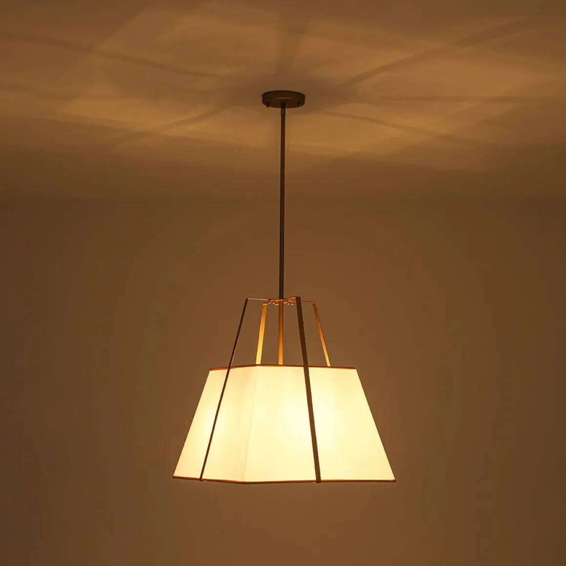 Modern Brass White Fabric Tapered Cage Pendant Light