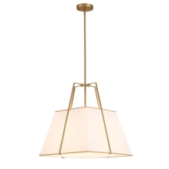 Modern Brass White Fabric Tapered Cage Pendant Light