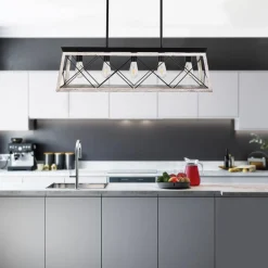 Modern Farmhouse 5-light Kitchen Island Faux Wood Linear Chandelier Pendant