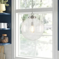 Modern 1-Light Clear Ribbed Glass Globe Pendant