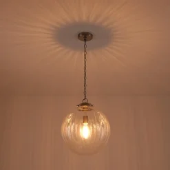 Modern 1-Light Clear Ribbed Glass Globe Pendant