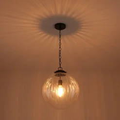 Modern 1-Light Clear Ribbed Glass Globe Pendant