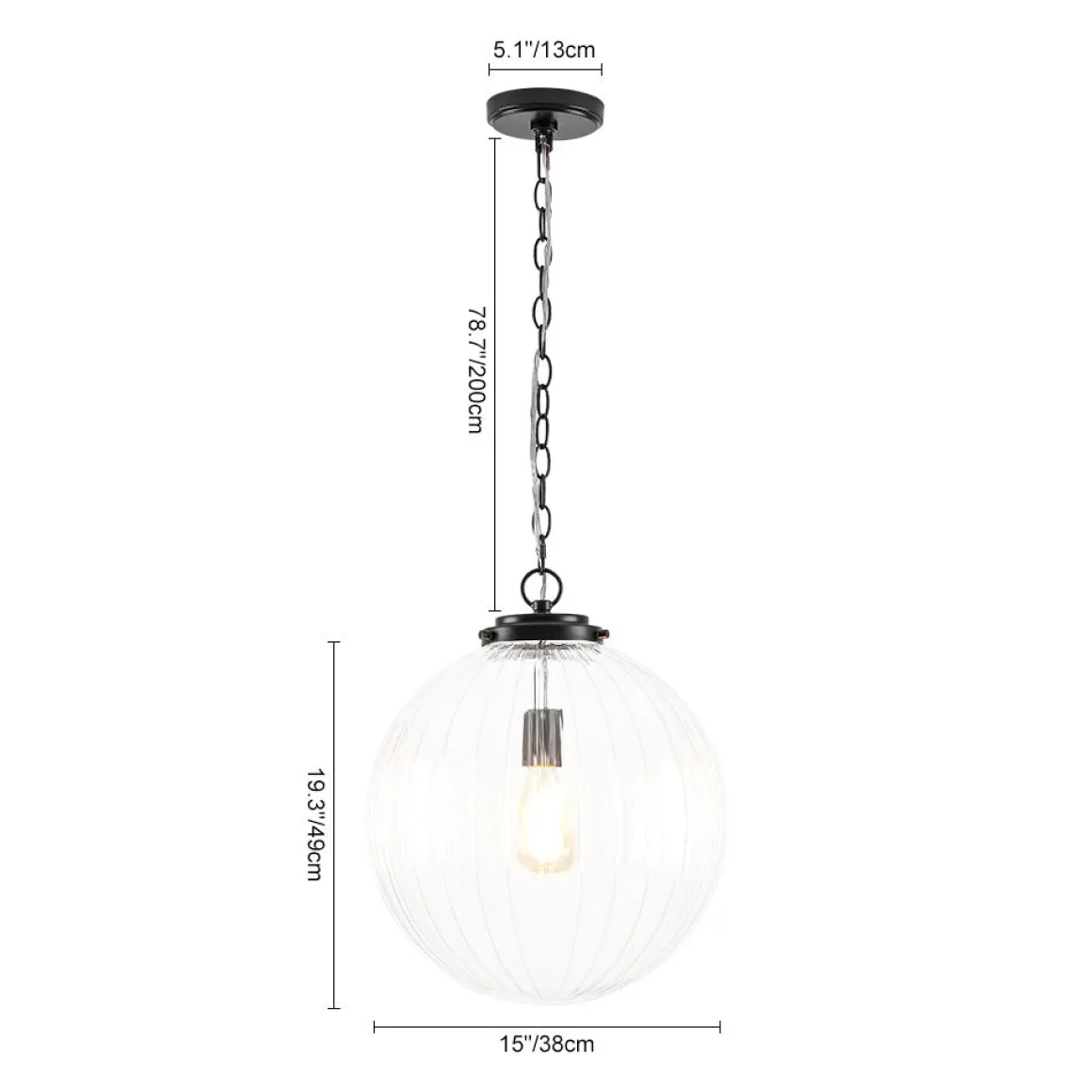 Modern 1-Light Clear Ribbed Glass Globe Pendant