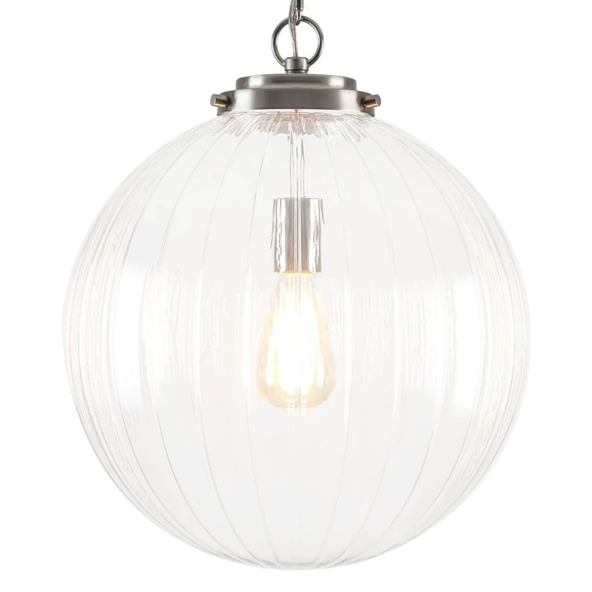 Modern 1-Light Clear Ribbed Glass Globe Pendant