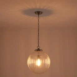 Modern 1-Light Clear Ribbed Glass Globe Pendant