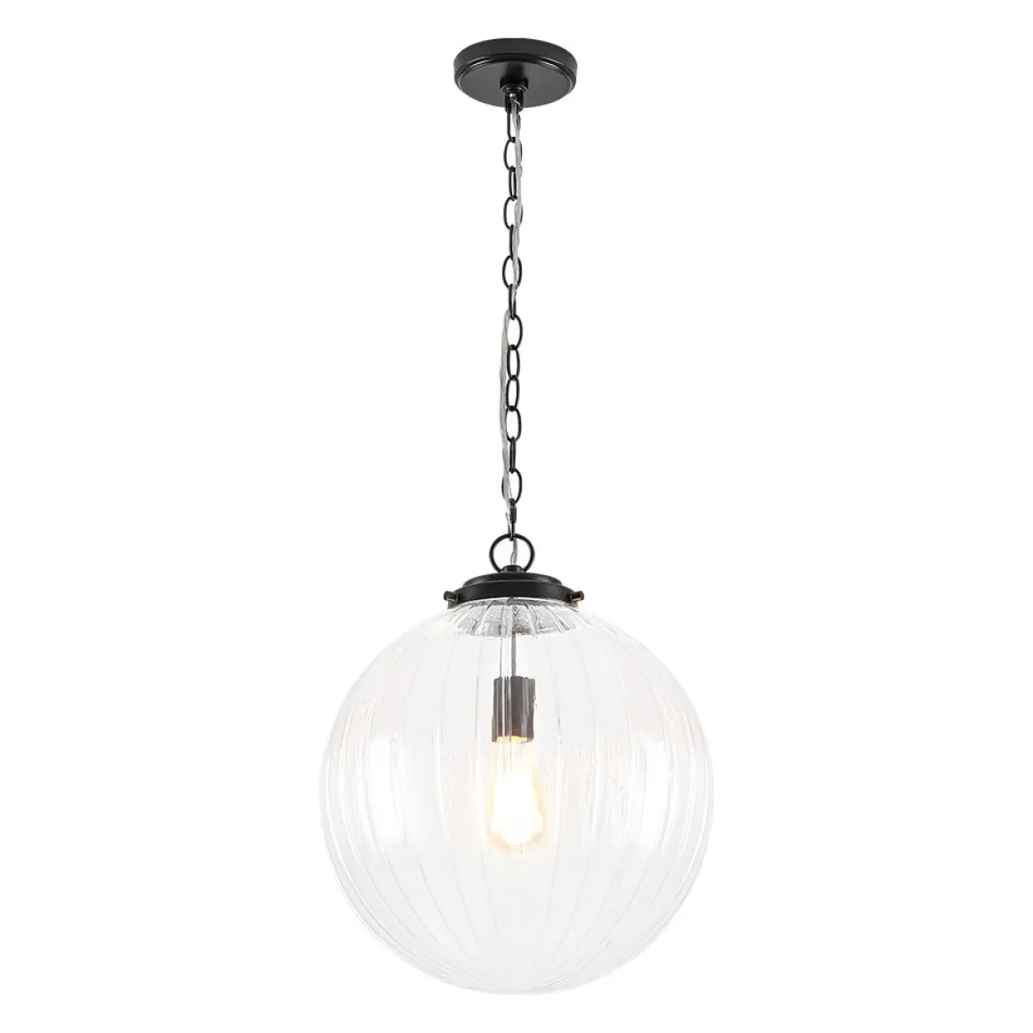 Modern 1-Light Clear Ribbed Glass Globe Pendant