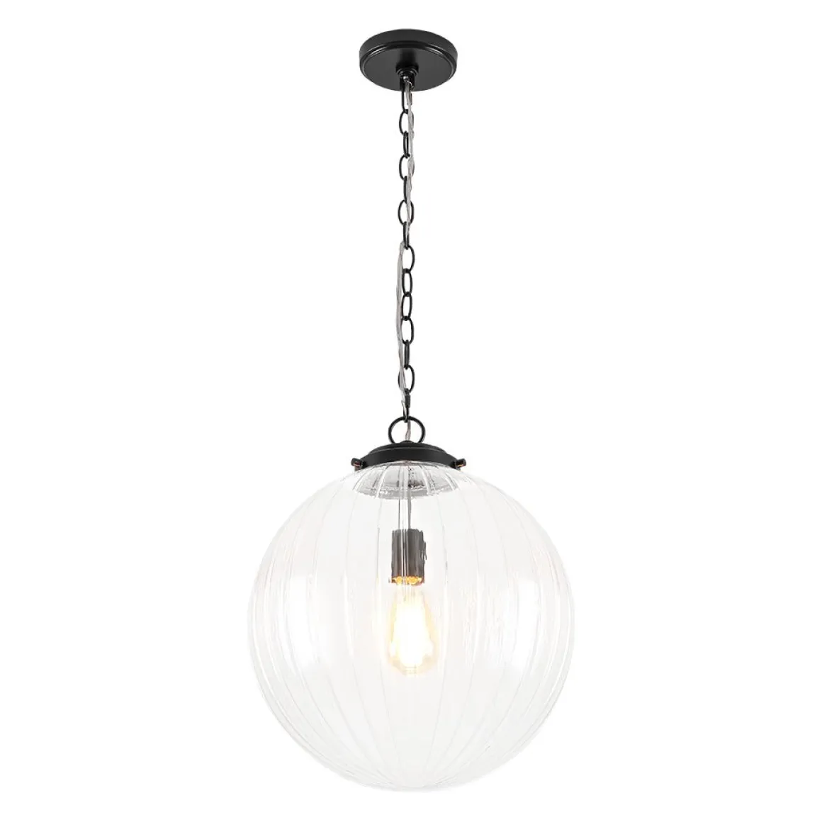 Modern 1-Light Clear Ribbed Glass Globe Pendant
