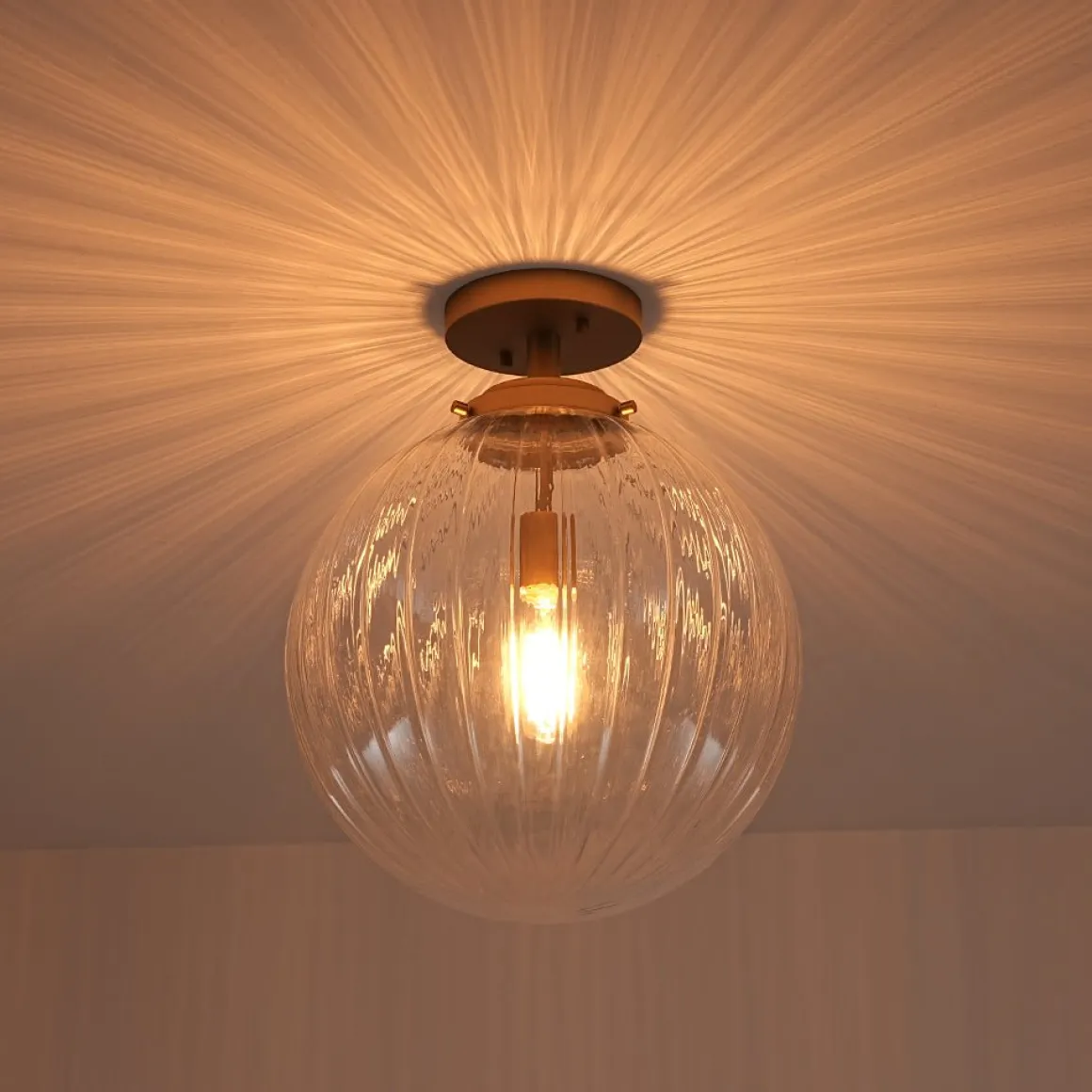 Modern 1-Light Clear Ribbed Glass Globe Semi Flush Mount
