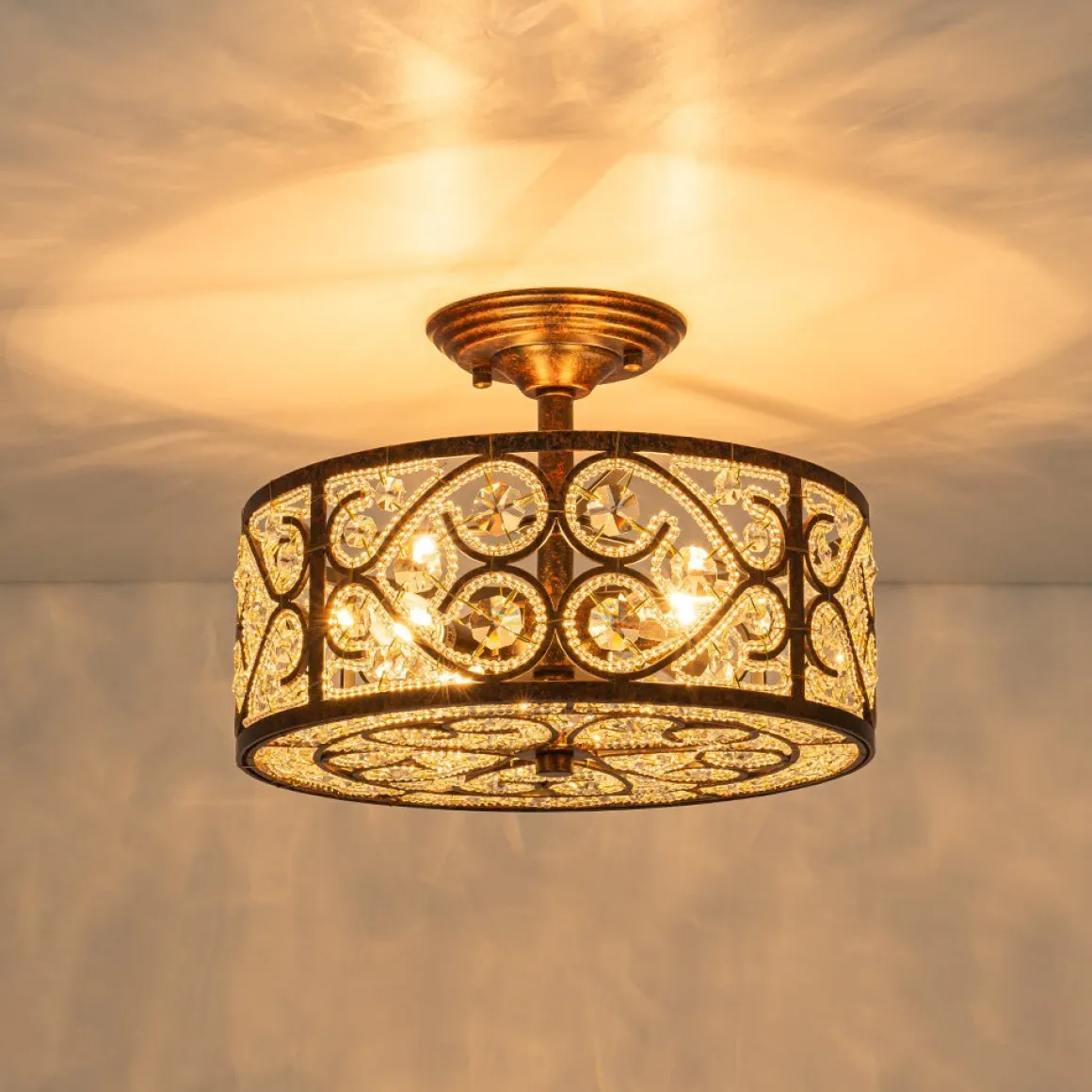 Moroccan Antique Crystal Drum Cage Semi Flush Mount