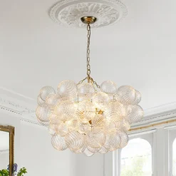 (OpenBox) Brass Cluster Ribbed Glass Globe Bubble Chandelier