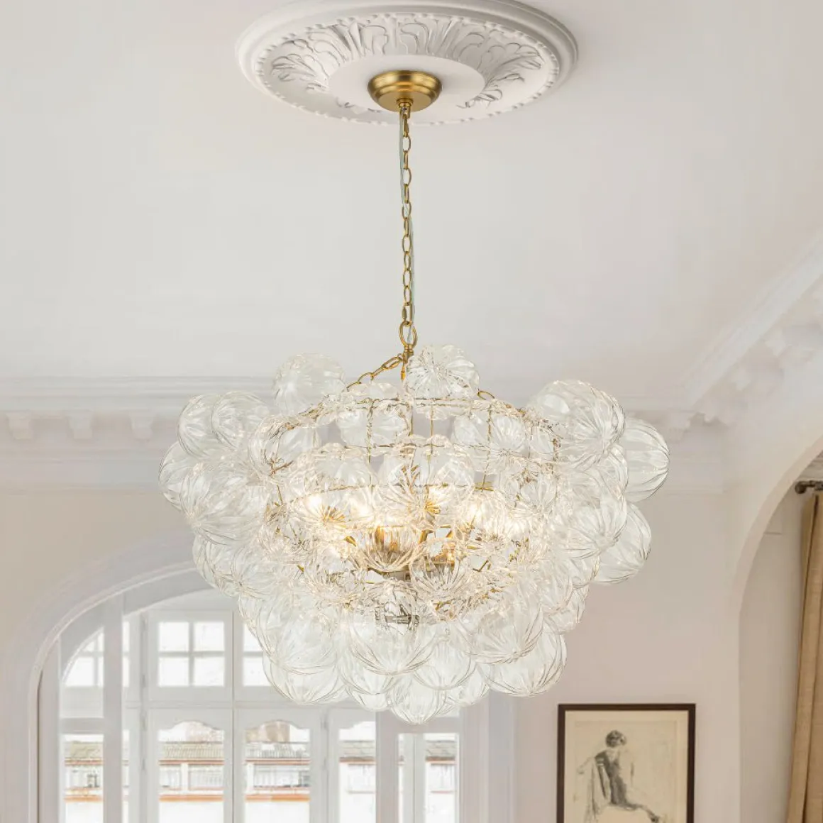 (OpenBox) Brass Cluster Sculpture Texture Glass Globe Bubble Chandelier