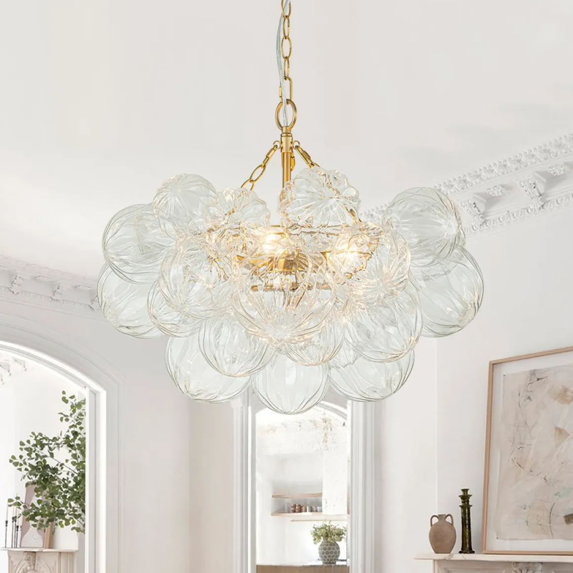 (OpenBox) Brass Cluster Sculpture Texture Glass Globe Bubble Chandelier