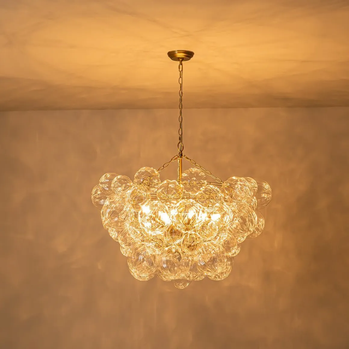 (OpenBox) Brass Cluster Sculpture Texture Glass Globe Bubble Chandelier