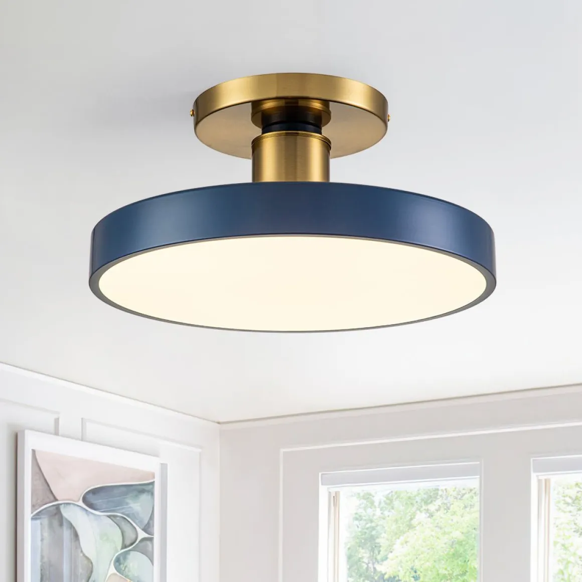(OpenBox) Contemporary Brass Blue Round LED Semi Flush Lighting