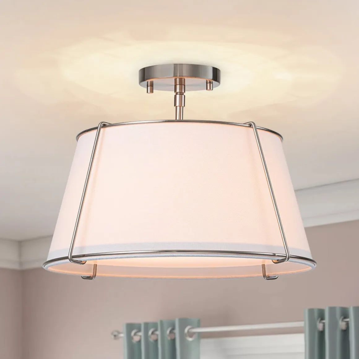 (OpenBox) Contemporary Wide Linen Drum Brass Semi Flush Mount