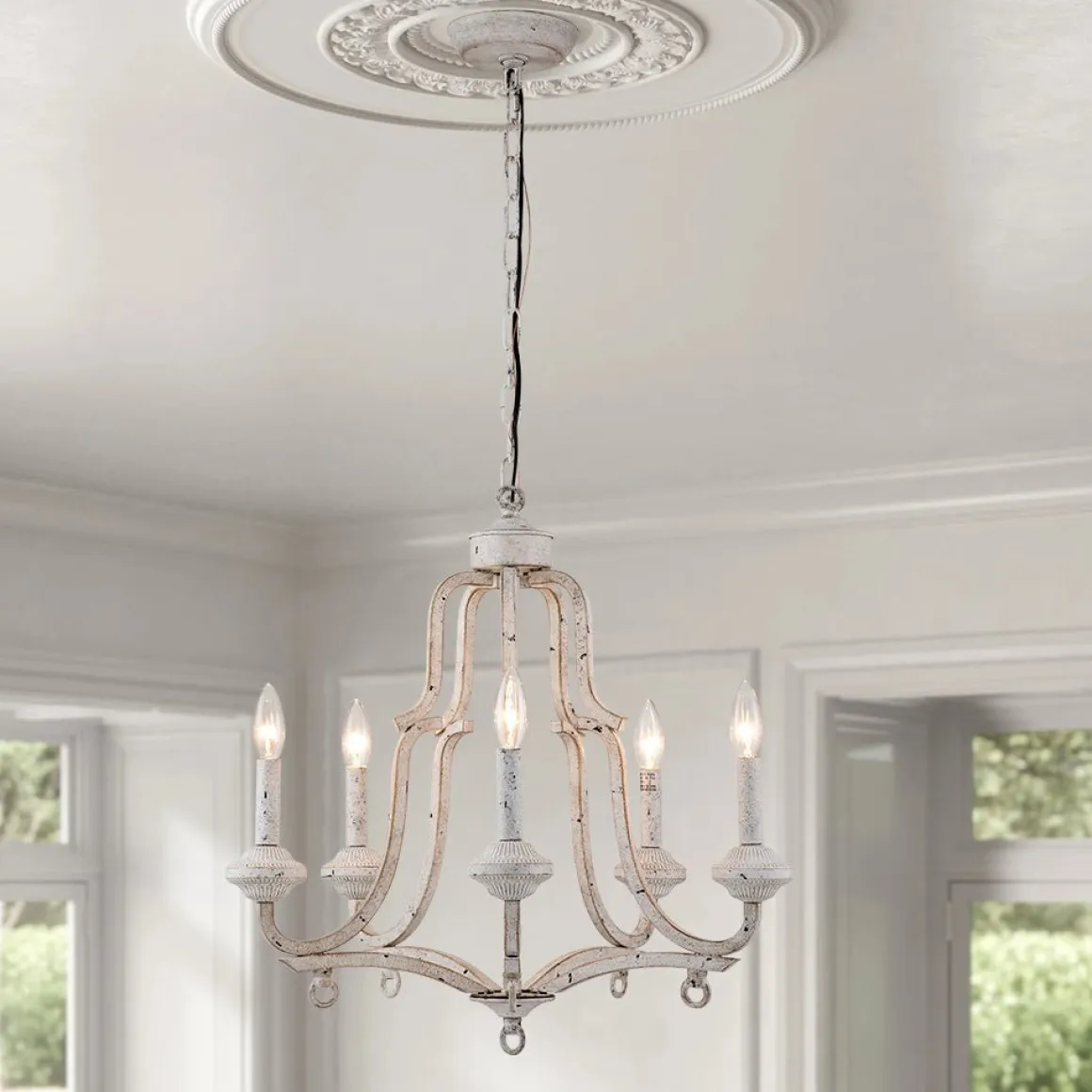 (OpenBox) Distressed White Shabby Chic Candle Style Chandelier