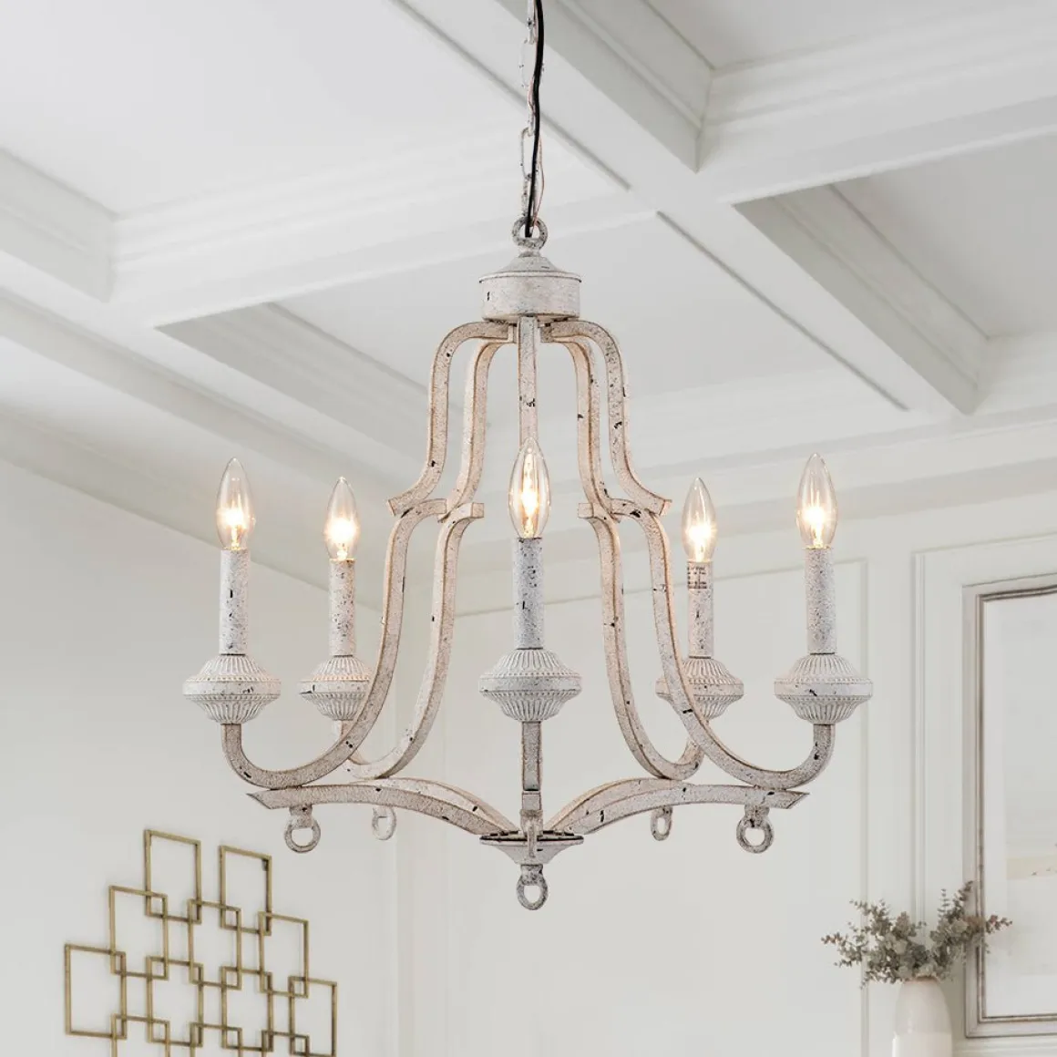 (OpenBox) Distressed White Shabby Chic Candle Style Chandelier