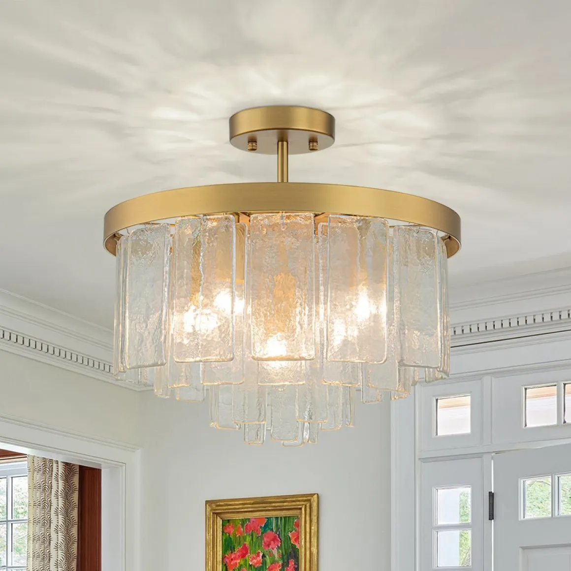 (OpenBox) Tiered Hammered Water Glass Round Semi Flush Mount