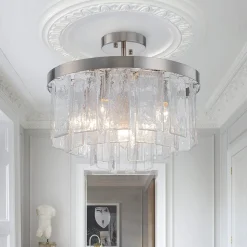 (OpenBox) Tiered Hammered Water Glass Round Semi Flush Mount