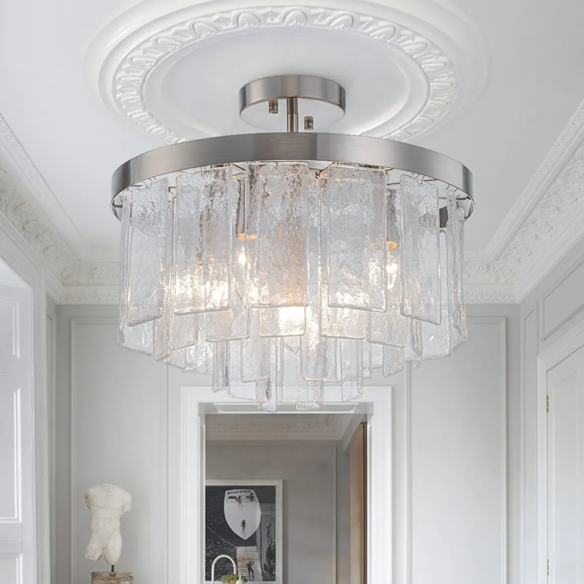 (OpenBox) Tiered Hammered Water Glass Round Semi Flush Mount