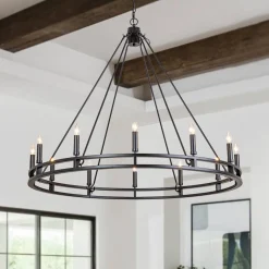 Oversized Vintage Black Candle Style Wagon Wheel Chandelier