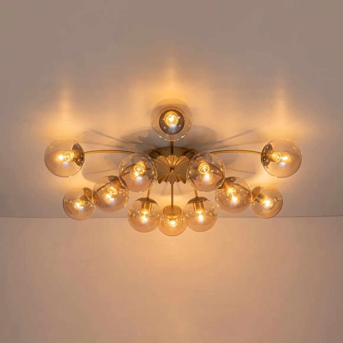 Retro Bloom 12-Light Amber Glass Bubble Semi Flush Chandelier