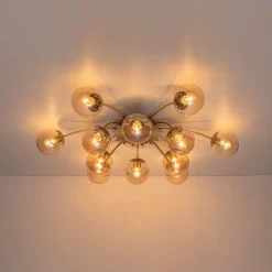 Retro Bloom 12-Light Amber Glass Bubble Semi Flush Chandelier