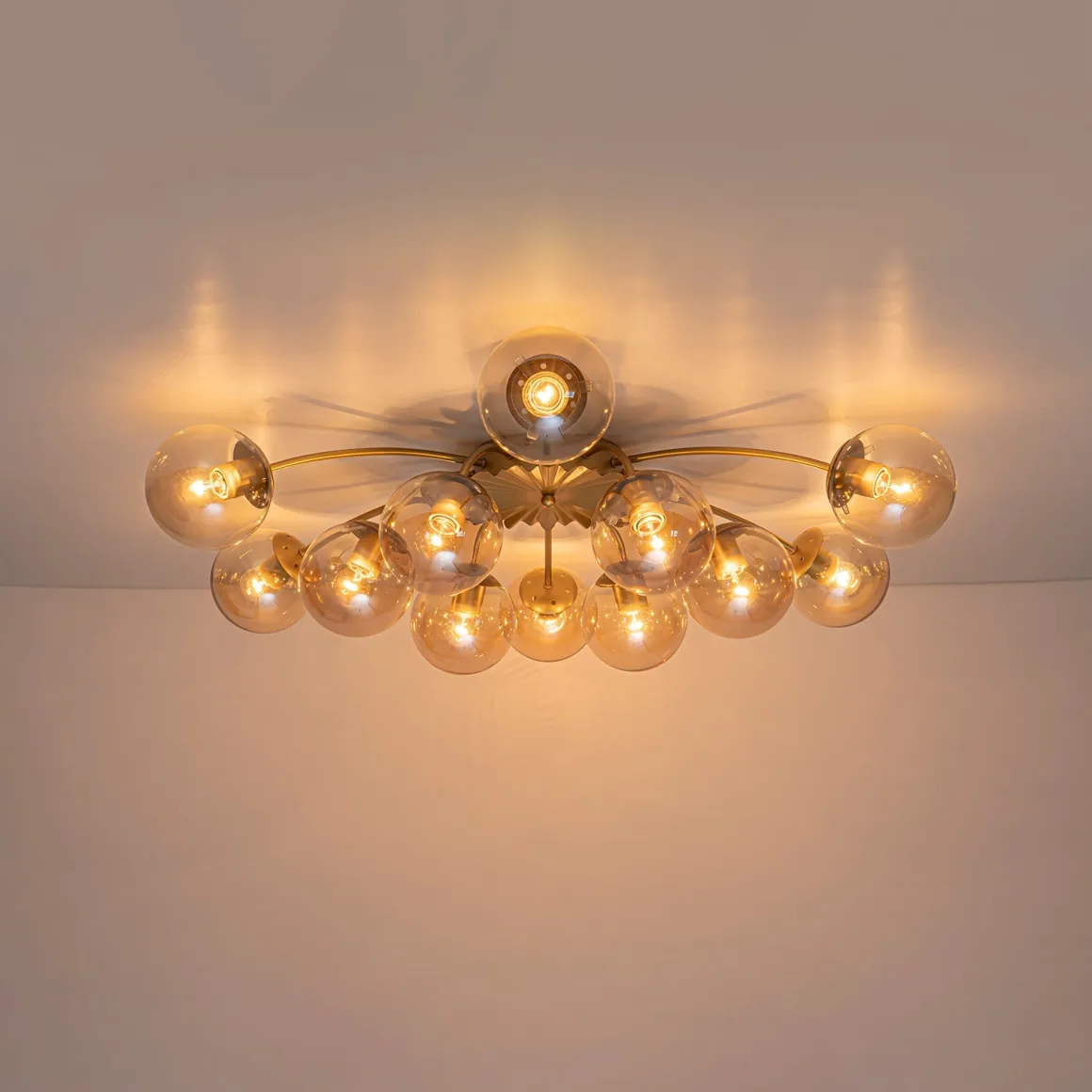 Retro Bloom 12-Light Amber Glass Bubble Semi Flush Chandelier