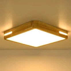 Rustic Dimmable LED Wood Square Flush Mount Light