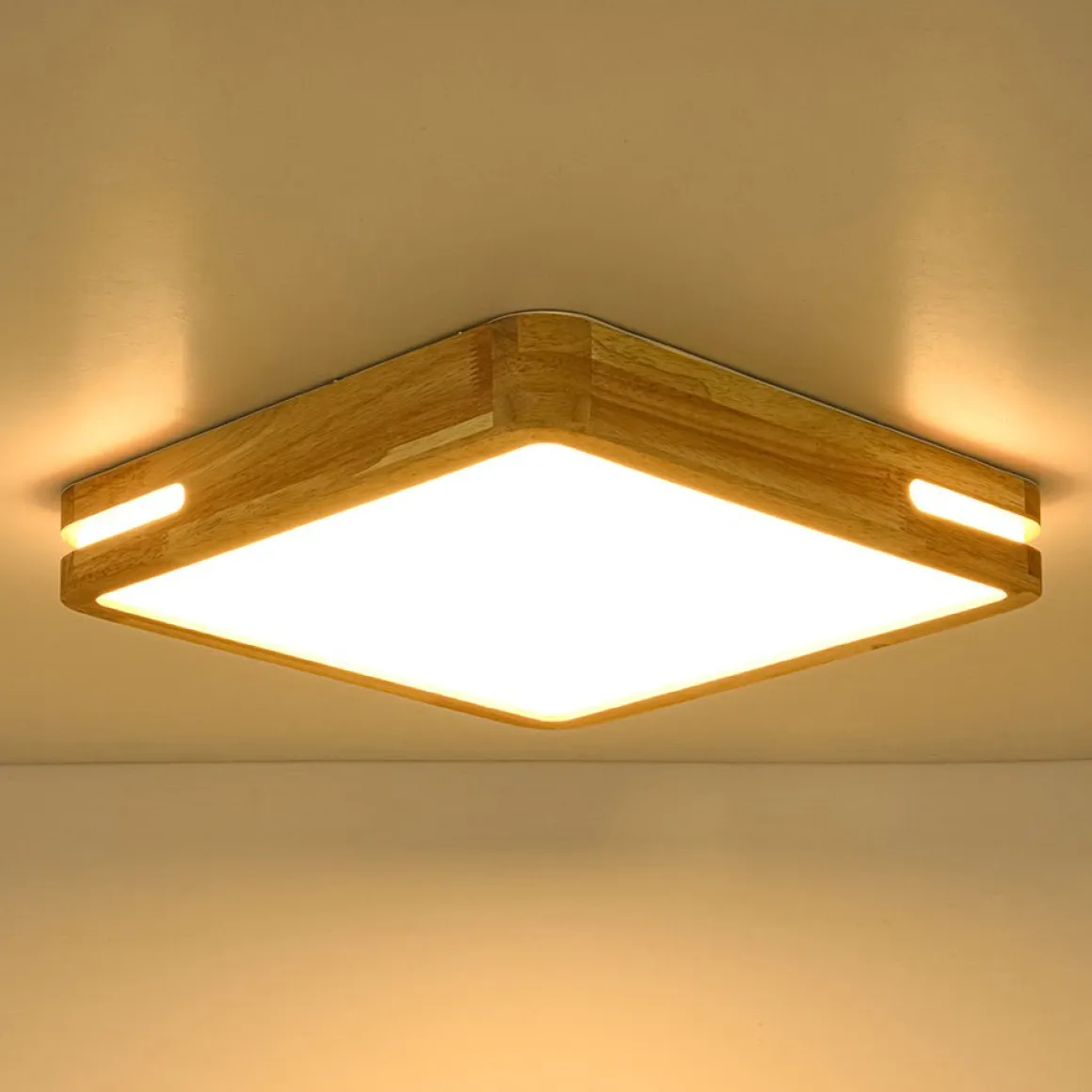 Rustic Dimmable LED Wood Square Flush Mount Light