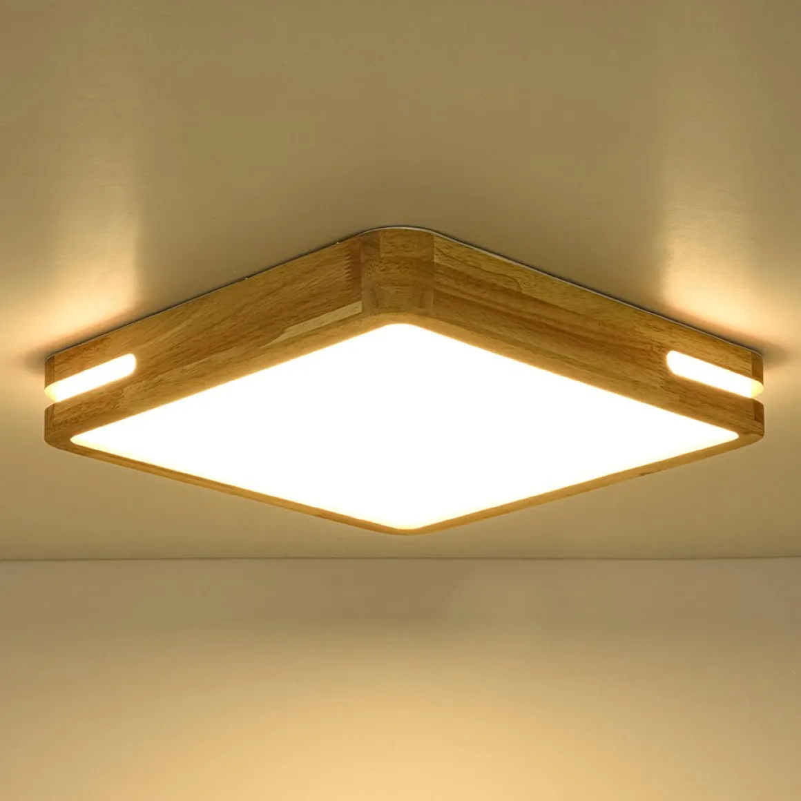 Rustic Dimmable LED Wood Square Flush Mount Light
