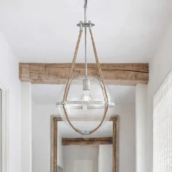 Rustic Hemp Rope Distressed White Glass Globe Pendant Light