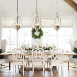 Rustic 4-Light Whitewashed Wood Cage Pendant Light
