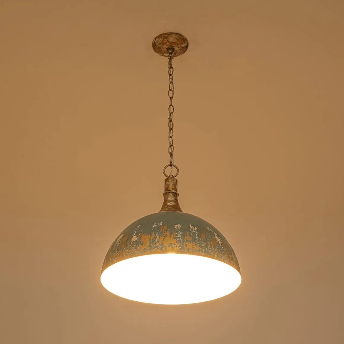 Shabby Chic Distressed Gilded Patina Teal Dome Pendant Light