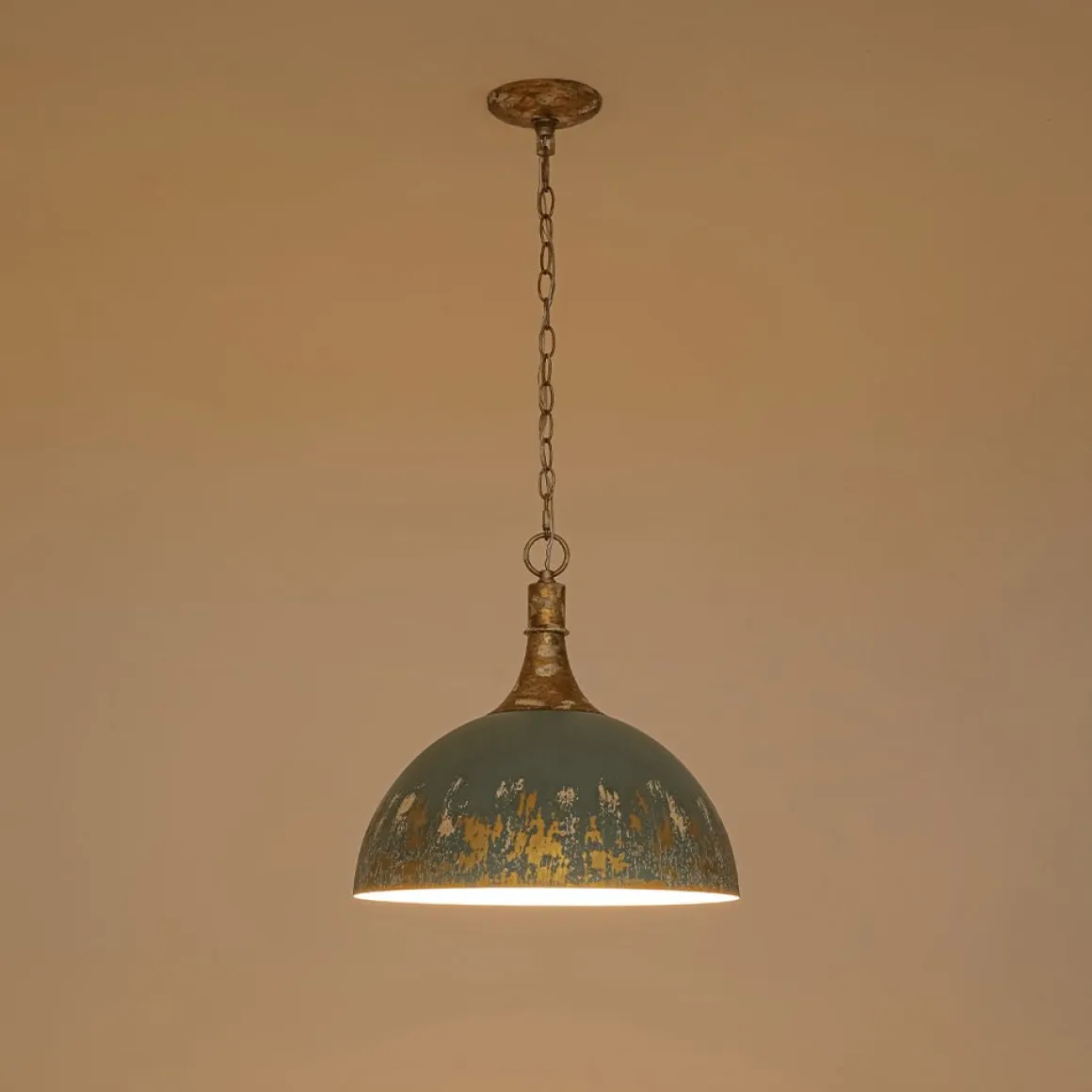 Shabby Chic Distressed Gilded Patina Teal Dome Pendant Light