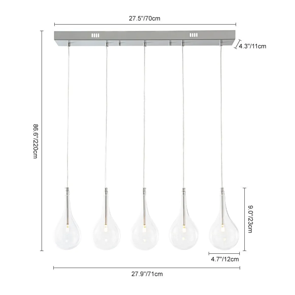 Silver 5-Light Clear Glass Teardrop Linear Island Pendant