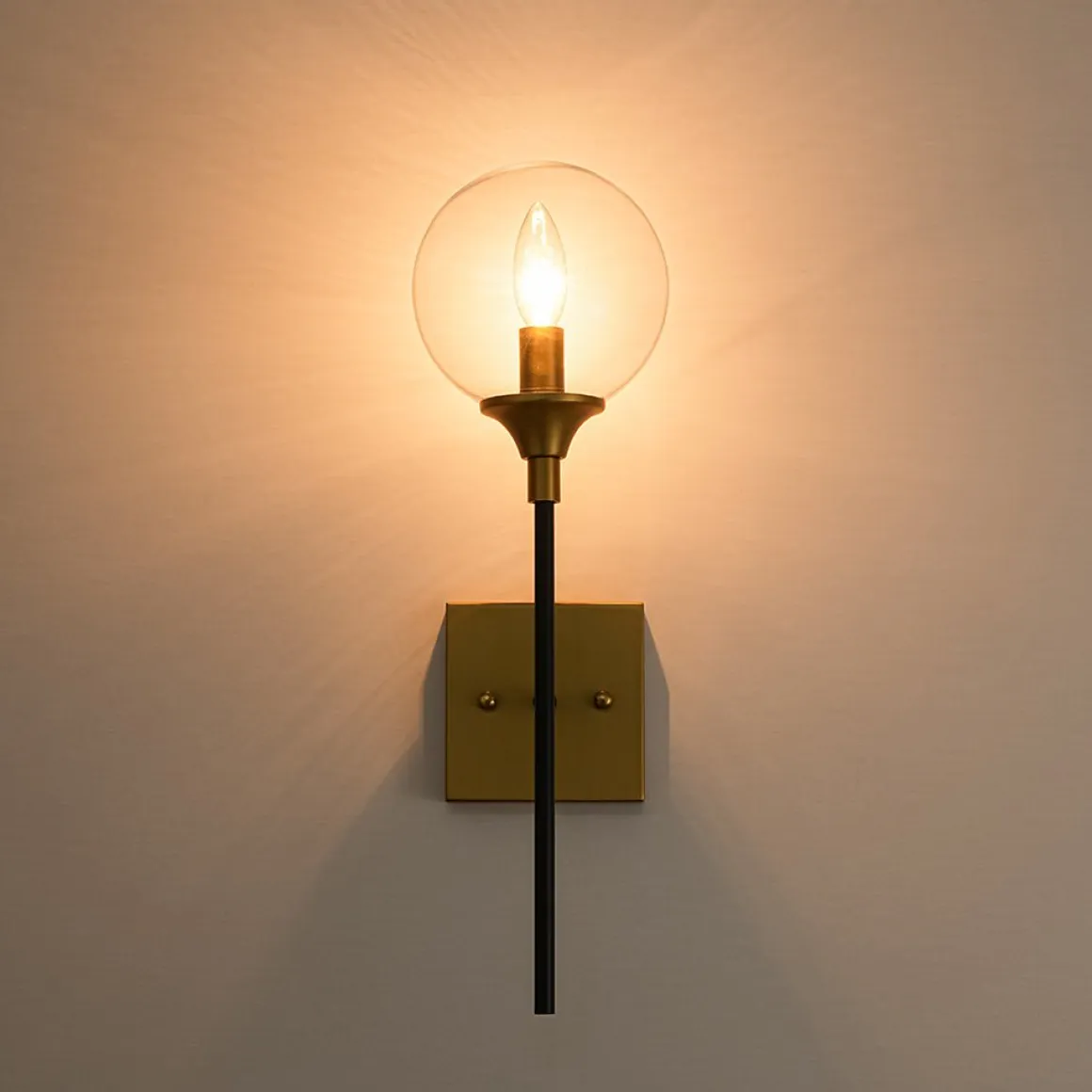 Simple Brass Black 1-Light Glass Globe Vanity Wall Sconce