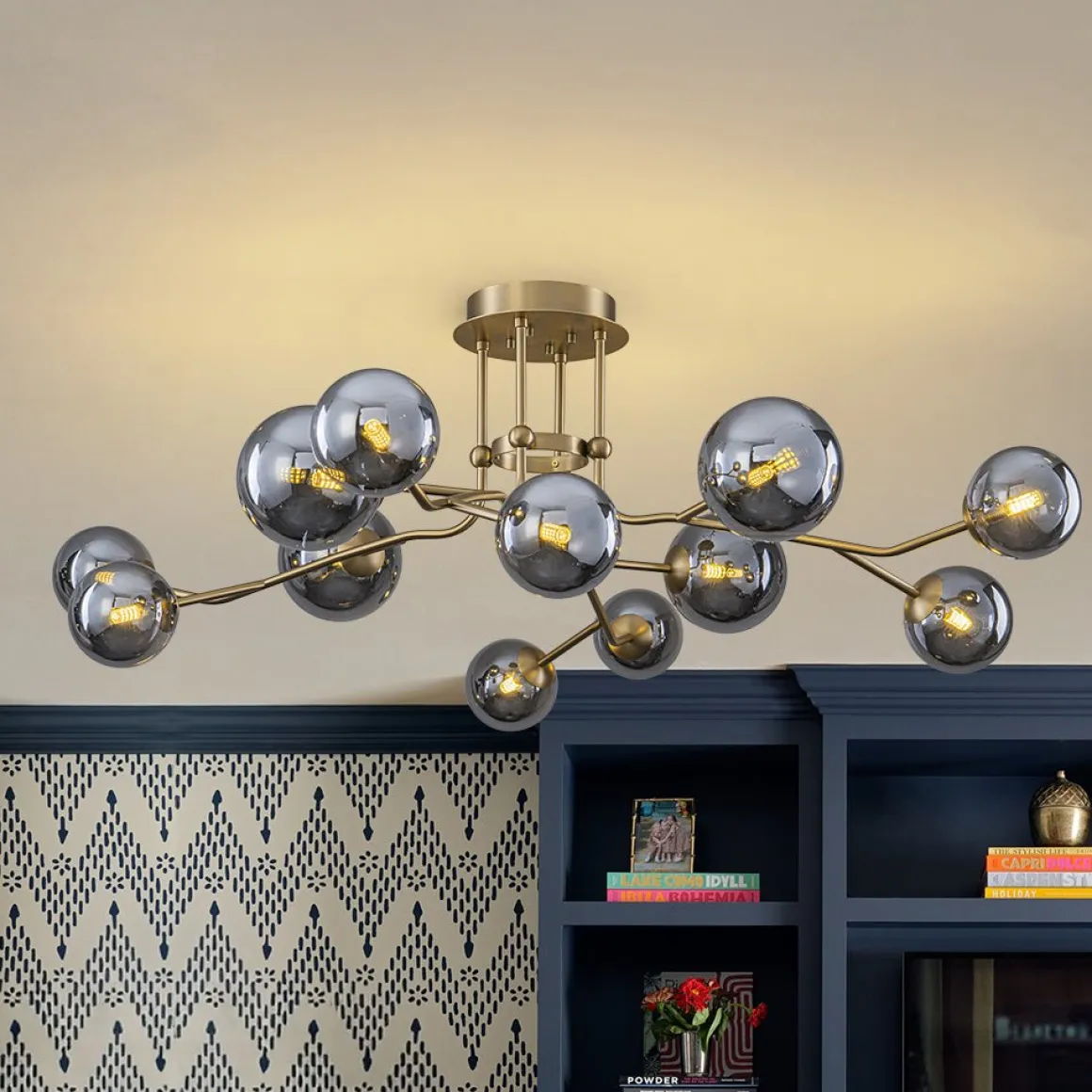 Smoked Glass Bubble Branch Sputnik Semi Flush Chandelier