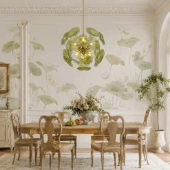 Summer Art Deco Bloom Green Lotus Leaf Sunburst Chandelier