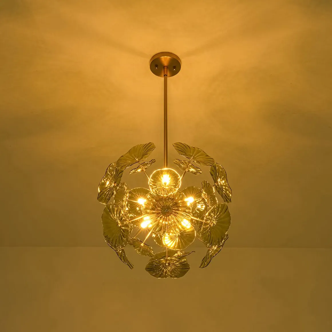 Summer Art Deco Bloom Green Lotus Leaf Sunburst Chandelier