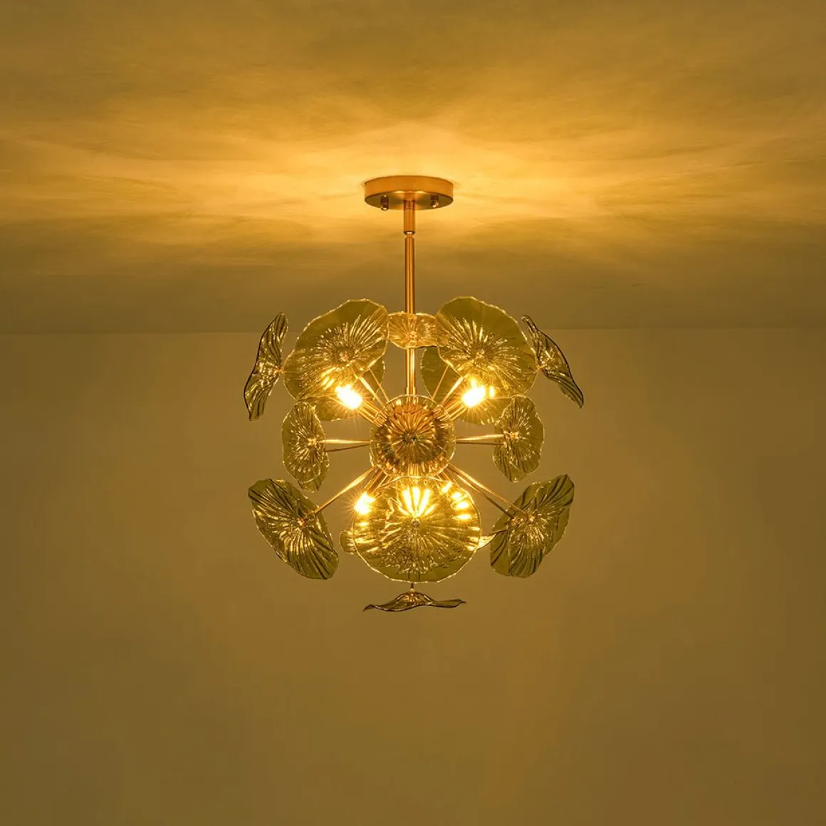 Summer Art Deco Bloom Green Lotus Leaf Sunburst Chandelier