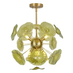 Summer Art Deco Bloom Green Lotus Leaf Sunburst Chandelier