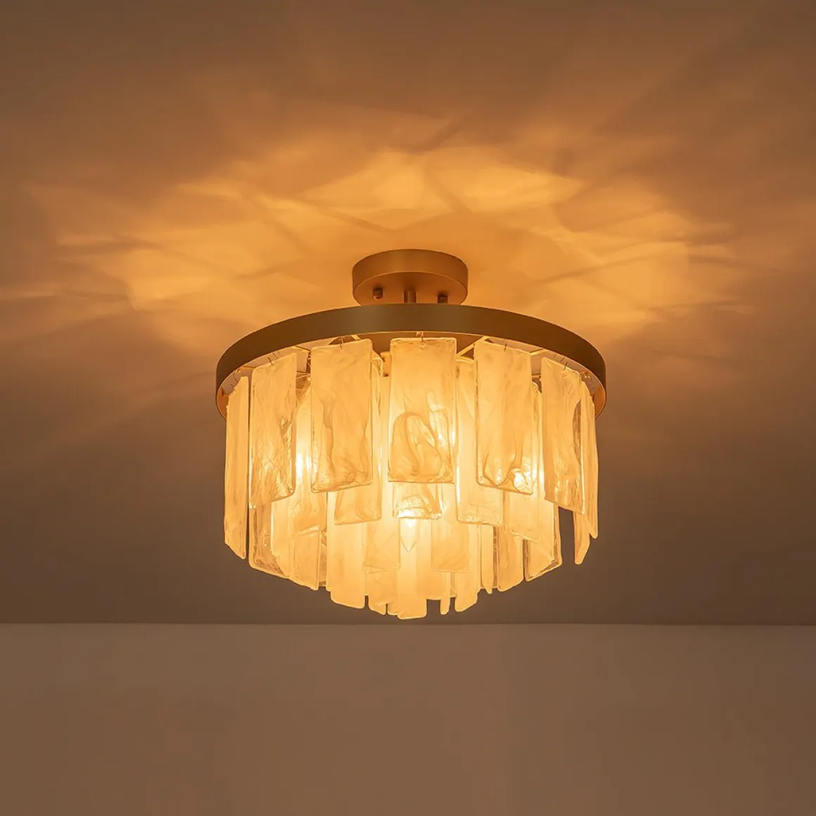 Tiered Opal Swirl Glass Round Semi Flush Mount Chandelier