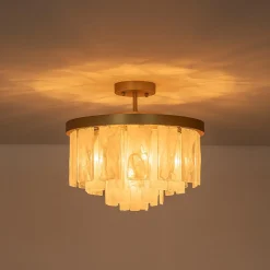 Tiered Opal Swirl Glass Round Semi Flush Mount Chandelier