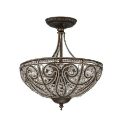 Victorian Antique Bronze Crystal Semi Flush Light