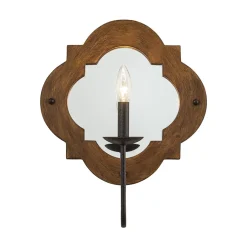 Vintage 1-Light Wood Mirror Linen Tapered Shade Wall Sconce